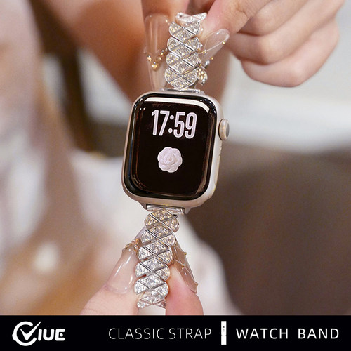 适用苹果iwatch s11手表带applewatchs10夏天新款流光满钻锆石鱼尾s9全铜金属表带s8女生s7细款蝴蝶扣s6智能