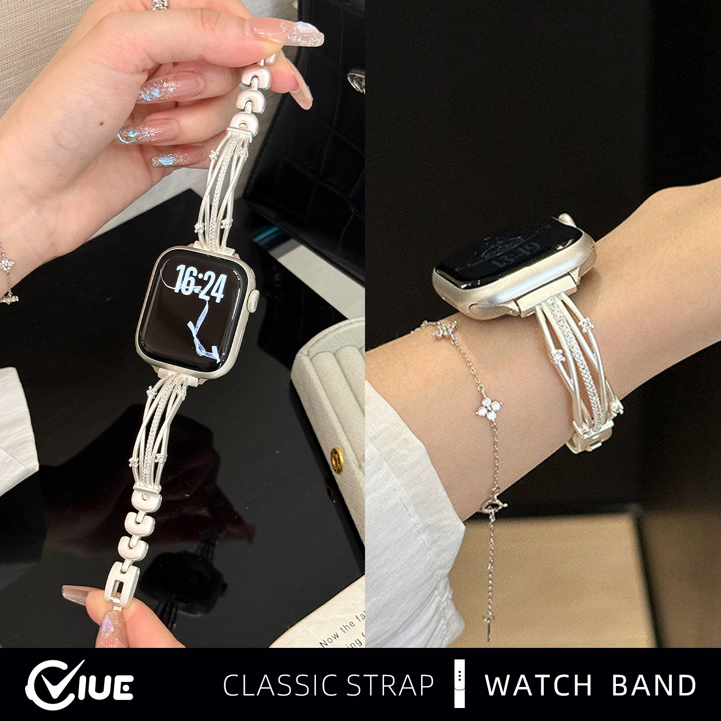 适用苹果iwatch s11手表带applewatch s10花环保色闪钻S9全铜链s8春夏季星轨s7女小众高级感S6合电镀金手链se