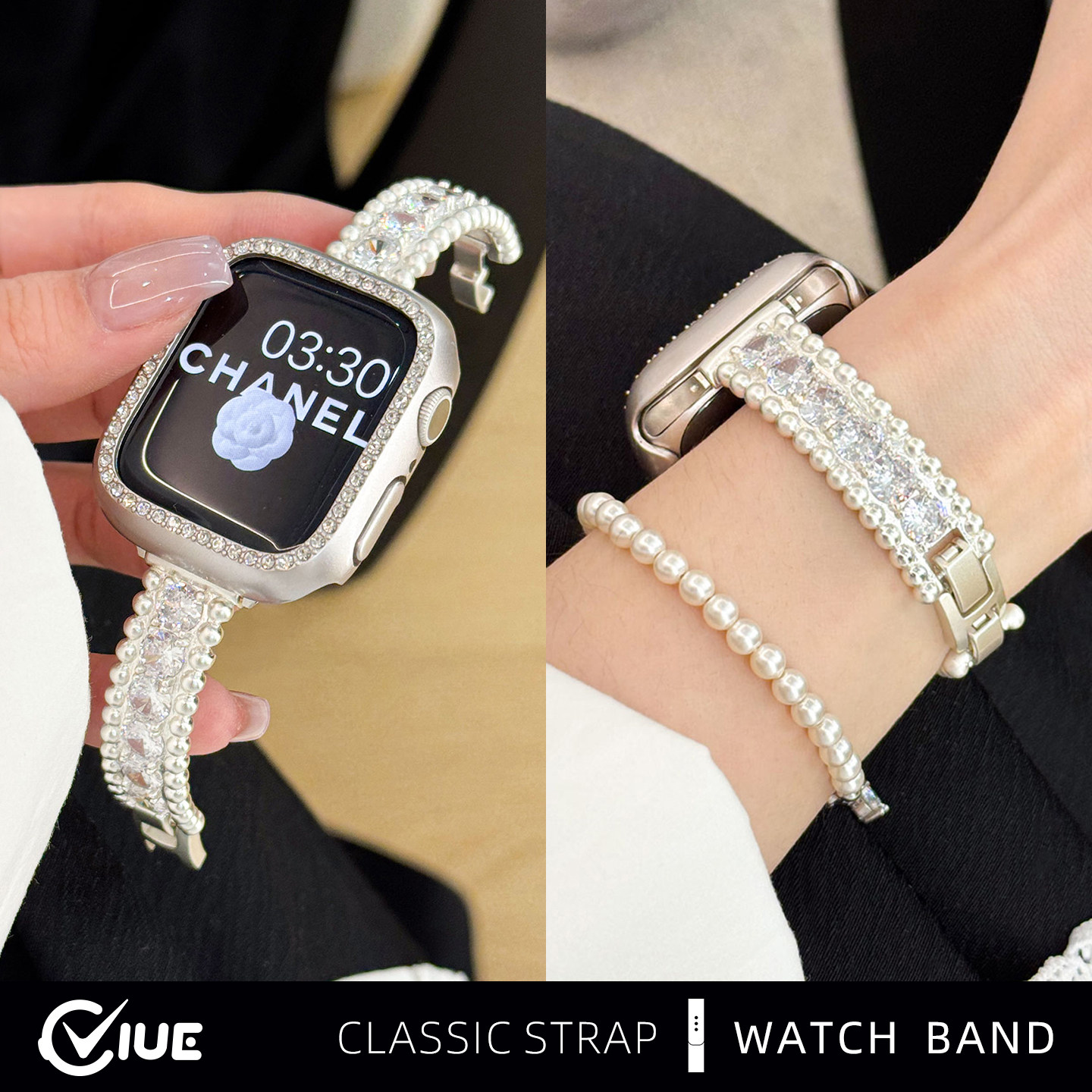 适用苹果iwatch s10手表带S9满钻花环s8智能手表applewatch9爆闪S10金属7施华洛S7夏日女生S6代SE高级链腕带