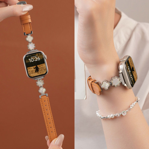 适用苹果iwatchS11手表带S10手表applewatch9秋冬ultra3新款S8贝壳真皮7金属S7透气S6代SE2女款贝母高级腕带
