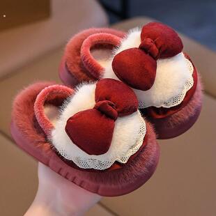 女童蝴蝶结棉拖鞋冬季宝宝保暖防滑棉鞋女孩可爱洋气毛毛绒公主鞋