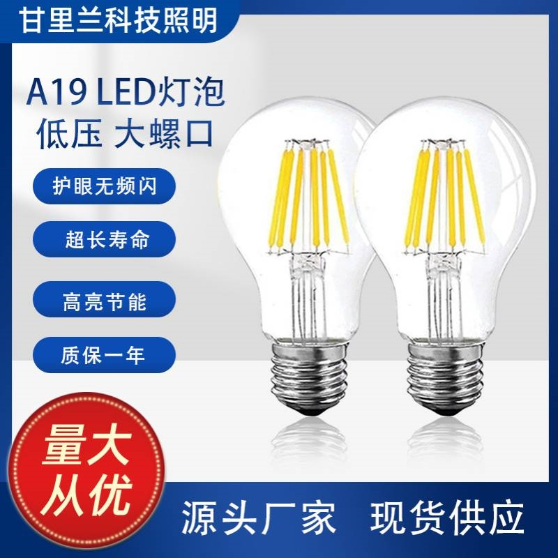 A19LED灯丝灯DC低压12V24V 暖光E27螺口A60节能地摊台灯厂家灯泡