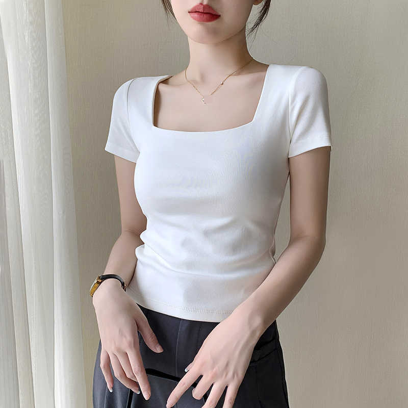白色方领t恤女短袖2025年春夏新款大领口修身正肩低领打底衫上衣