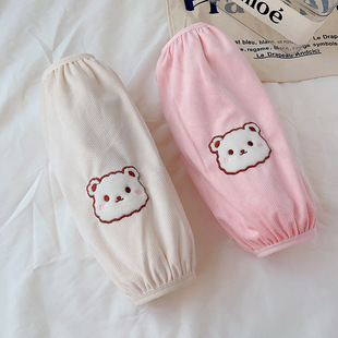 韩版可爱高颜值袖套女冬季绒布防污羽绒服套袖刺绣小熊加长款护袖