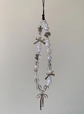 银色蝴蝶结ccd手机短款挂绳相机创意白色珍珠挂链配件包包装饰