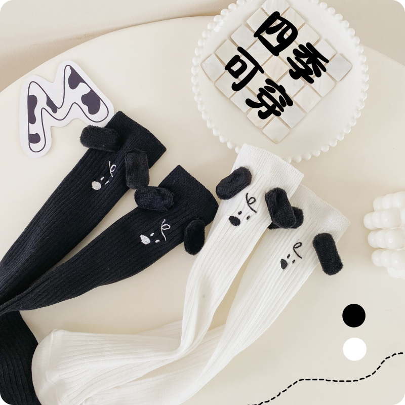 儿童长筒袜子日系ins 爆款亲子袜卡通立体玩偶小狗黑白色中筒潮袜