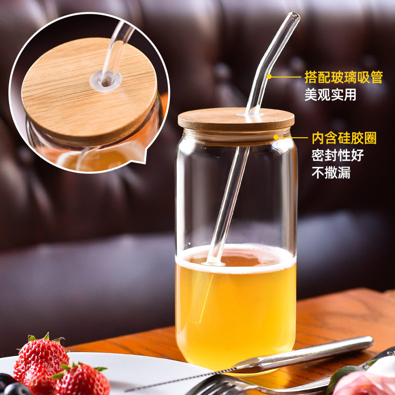 批发简约吸管杯果汁杯玻璃可乐杯带盖便携咖啡杯通用杯子玻璃水杯