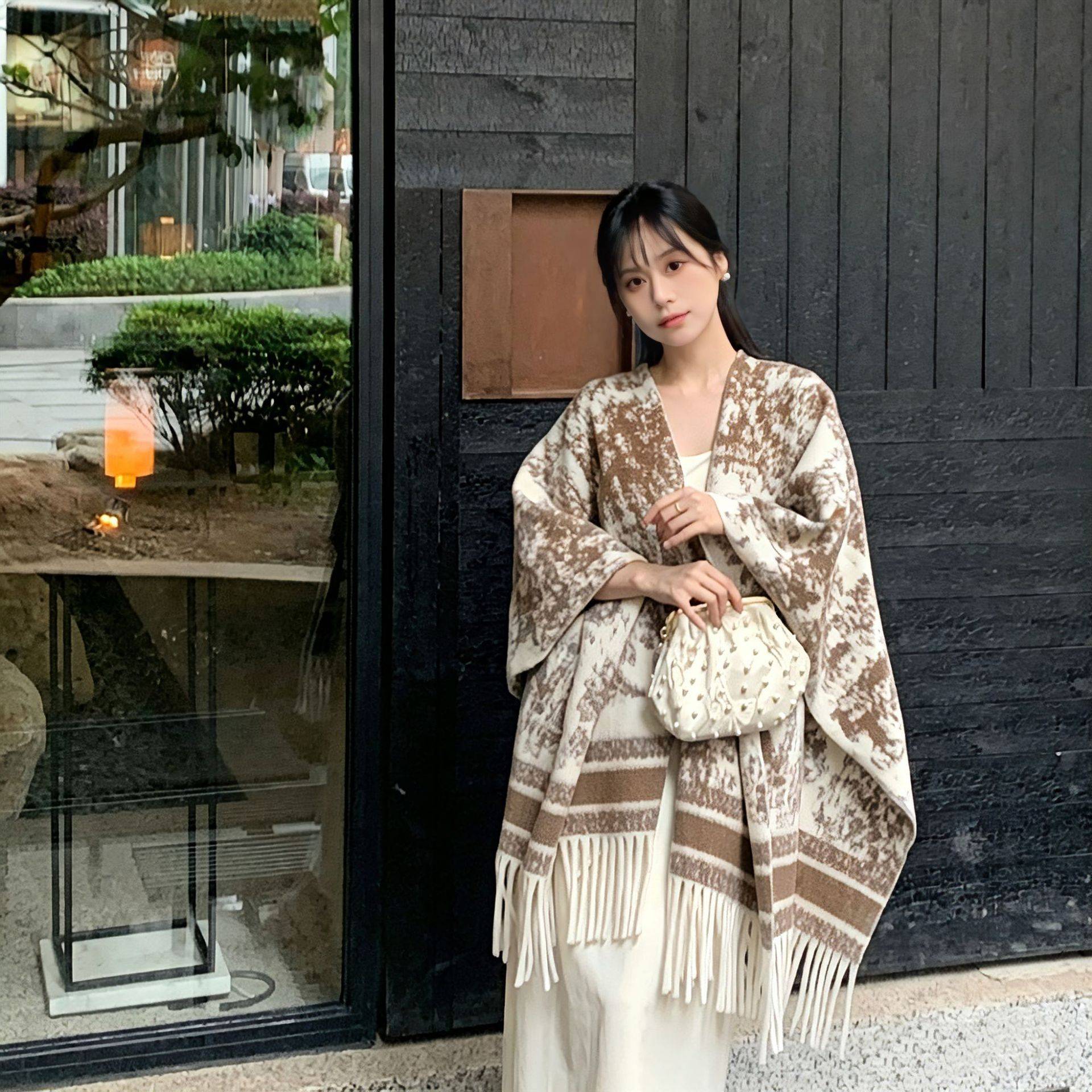 复古百搭双面斗蓬披肩外套女秋季宽松流苏围巾百搭保暖上衣外搭