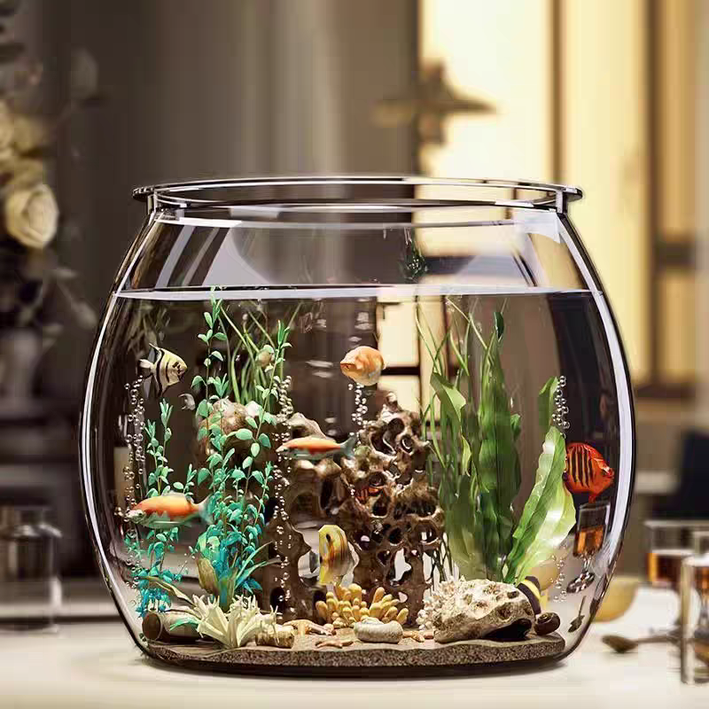 桌面鱼缸圆形仿玻璃耐摔客厅办公室养金鱼绿植观赏小型造景生态缸