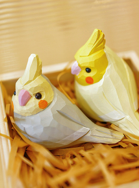 木刻自习室f木雕小鸟 玄凤鹦鹉 可爱治愈纯手工桌面摆件新年礼物