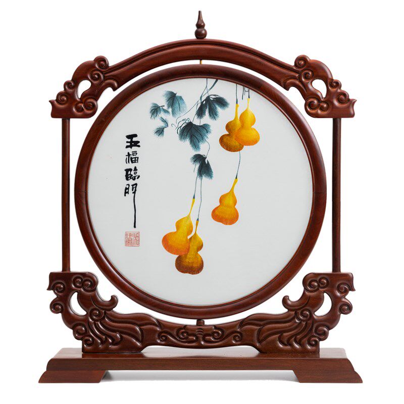 湘传礼湘绣纯手h工双面绣30圆红木玲笼架五福临门摆件台屏商务送