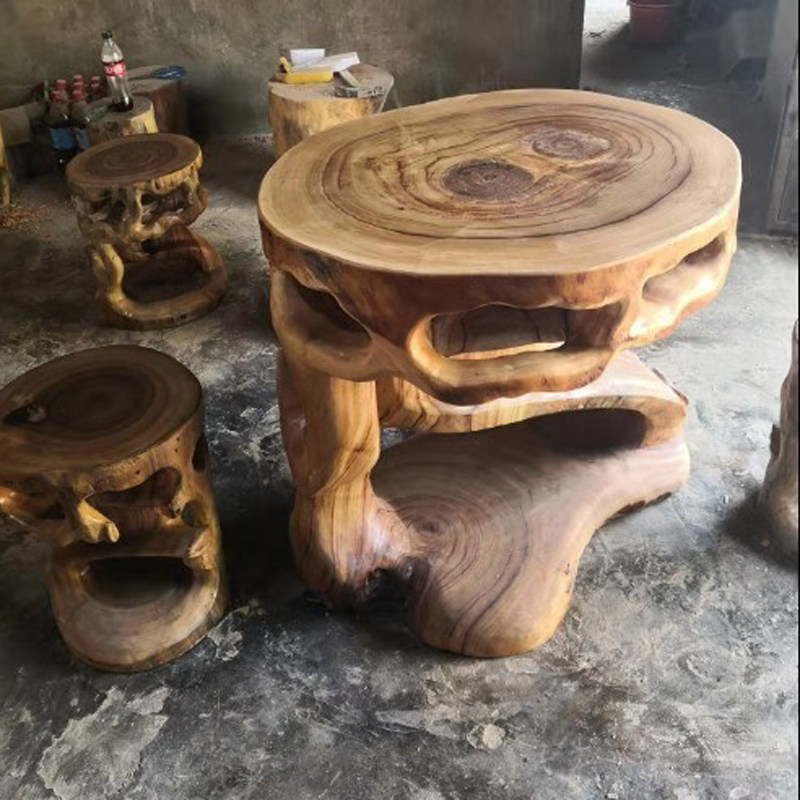 原木墩实木墩子香樟树墩树桩凳子创意茶几实木T圆凳牙凳镂空凳子