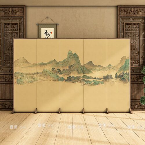 新中式现代简约古典山水屏风折叠移动办公室N实木隔断屏风客厅玄