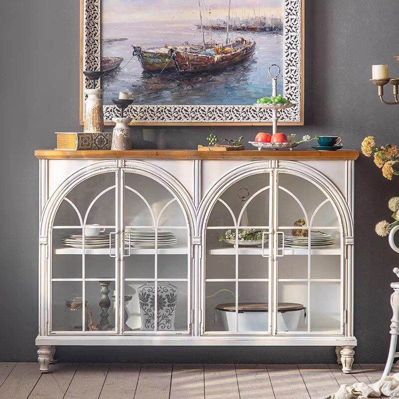 法式餐边柜e白色复古玻璃柜子展示柜家用客厅靠墙落地实木拱形书