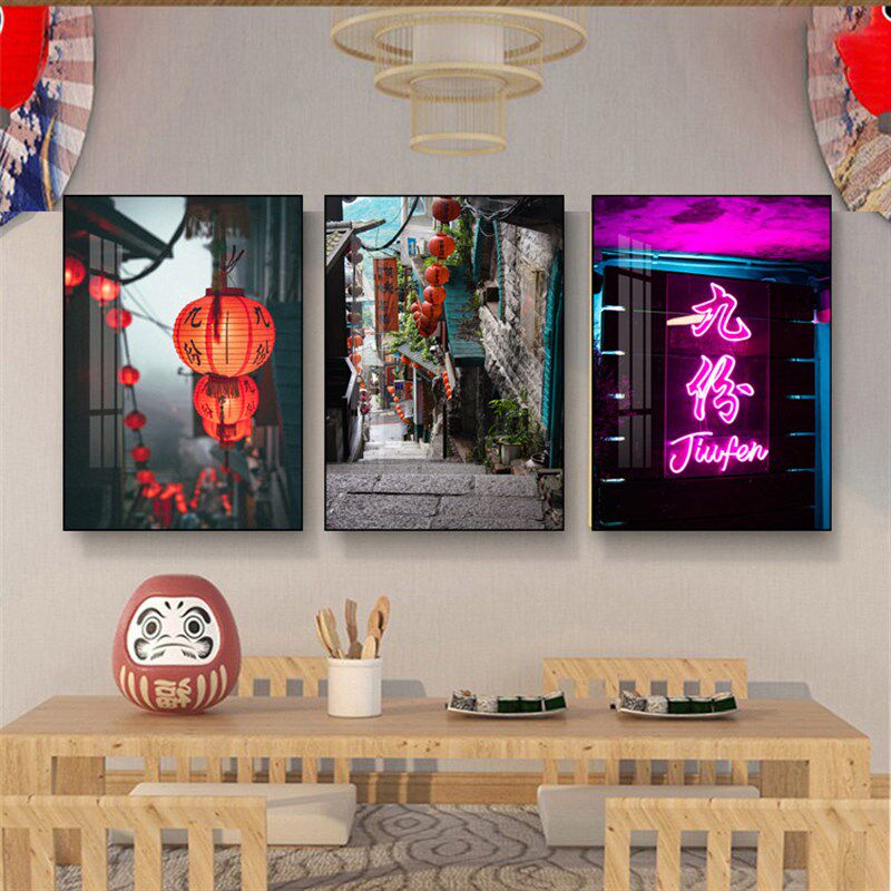 台湾风景小食店挂画台式城市建筑壁画G饭店茶餐厅特色餐饮店装饰