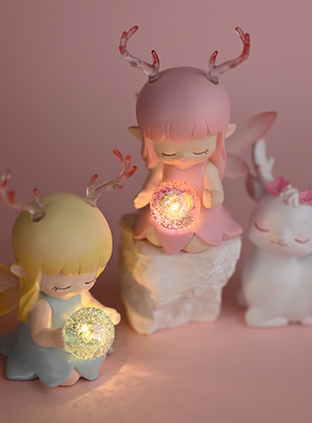 可爱小鹿与女孩少女心小夜灯房间装饰卧室摆件治愈系生.日礼物女