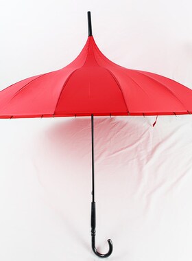 日系纯色宝塔伞红色长柄雨伞女新娘结婚I16骨公主皮柄弯钩直杆洋