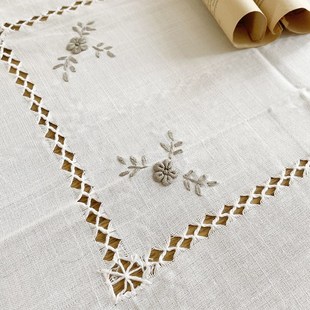 法式乡村白色餐巾茶几布手工抽丝C镂空立体灰线绣竹节麻桌布盖巾