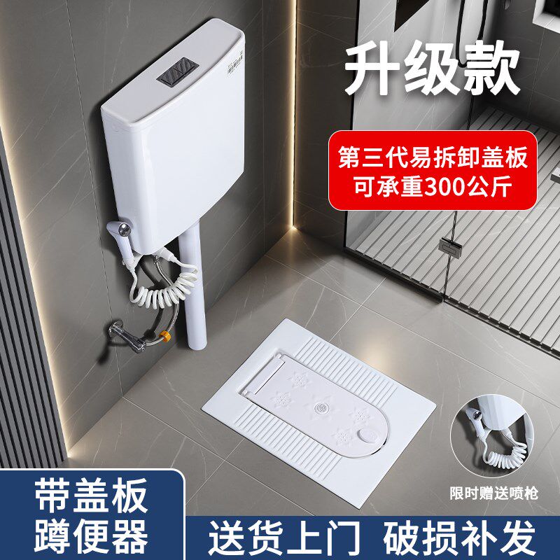 带盖板蹲便器一体翻盖式卫生间蹲厕厕所加盖蹲坑便池隐形家用水箱