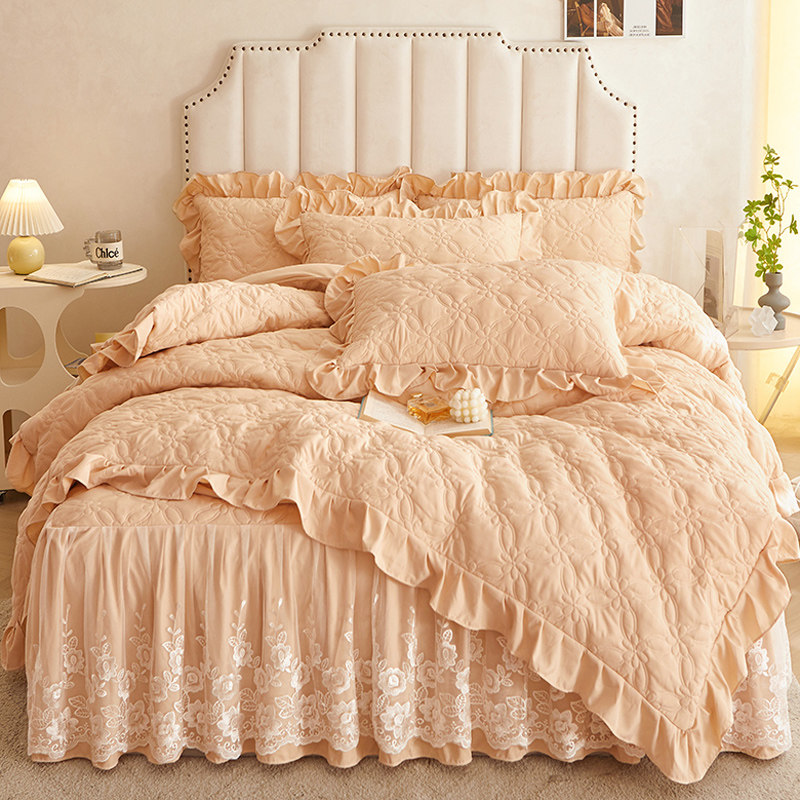 a类全夹棉牀裙款四件套被套高档蕾丝花边公主风四季通用牀上用品