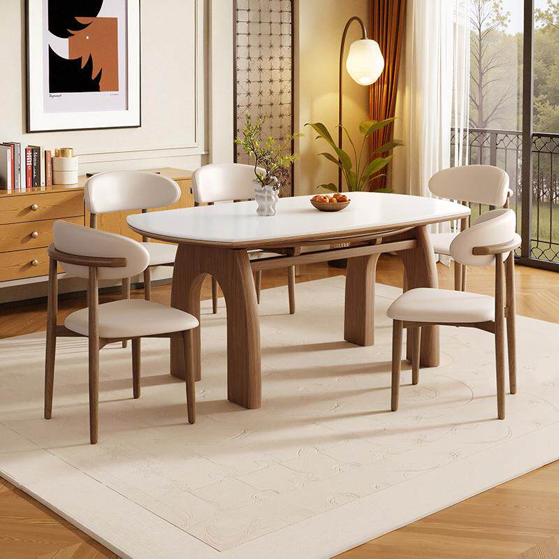 中古风实木岩板伸缩餐桌可变圆桌家用小户型现代简约方圆两用桌子