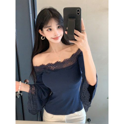 纯欲风一字肩性感蕾丝T恤女春秋款设计感辣妹收腰露肩上衣长袖T恤