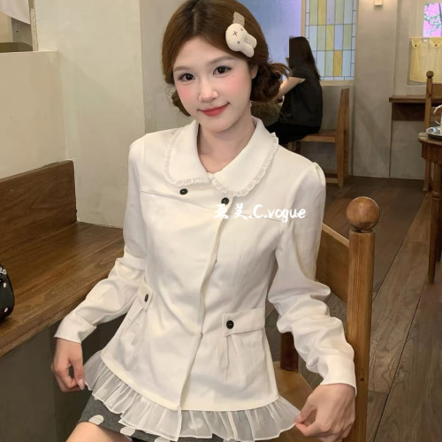 韩式花边领设计感收腰衬衫外套+波点A字半裙两件套套装(含安全裤)