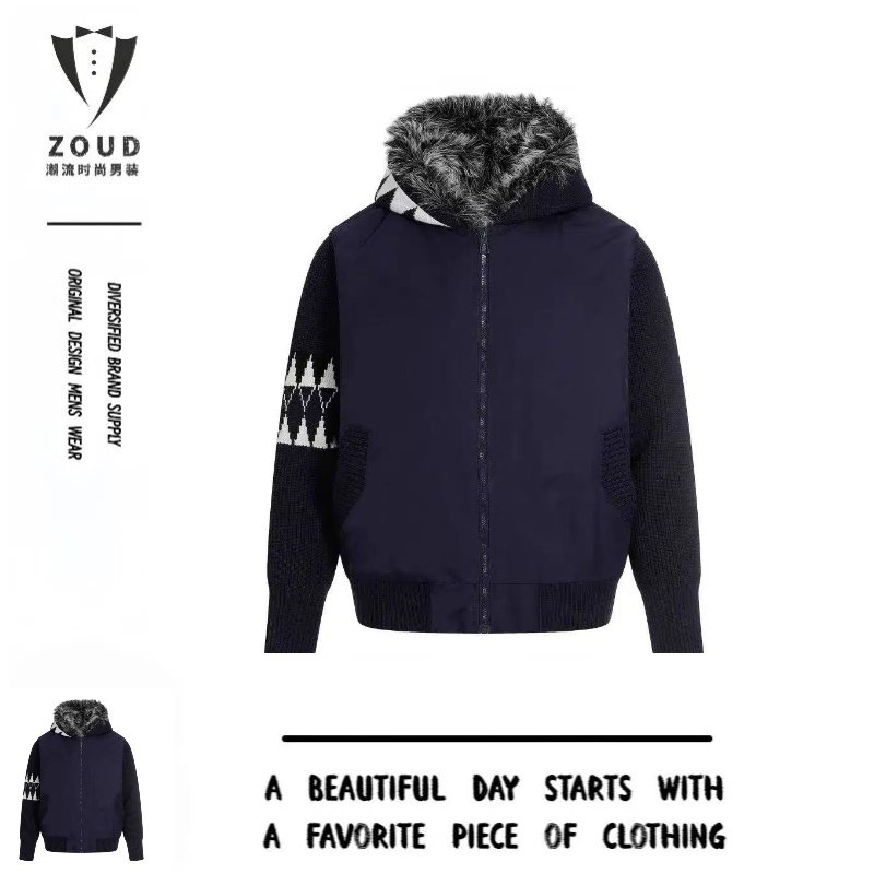 针织拼接连帽棉服外套男款冬季设计感美式潮牌休闲菱格长袖棉衣