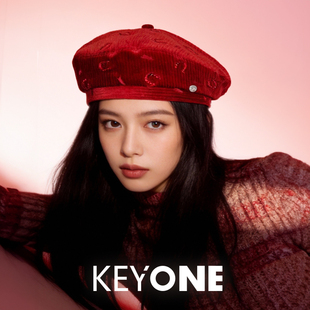 KEYONE复古红色灯芯绒贝雷帽女秋冬高级感气质画家帽网红款