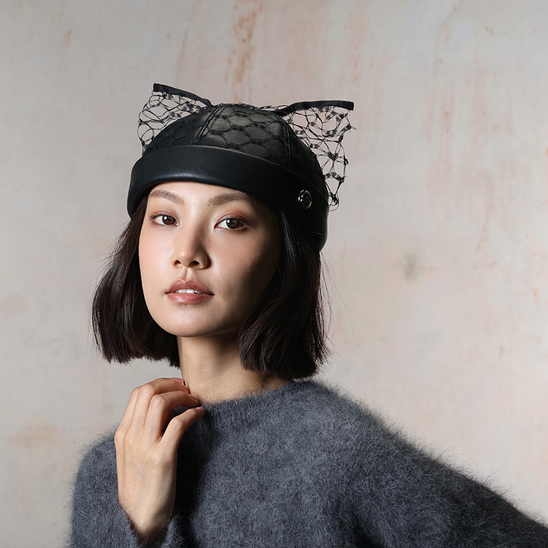 KEYONE复古皮质贝雷帽女黑色网纱装饰文艺帽子小众冷帽
