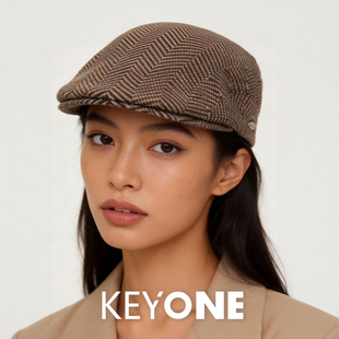 KEYONE复古千鸟格贝雷帽男女显脸小画家帽英伦风潮流帽子