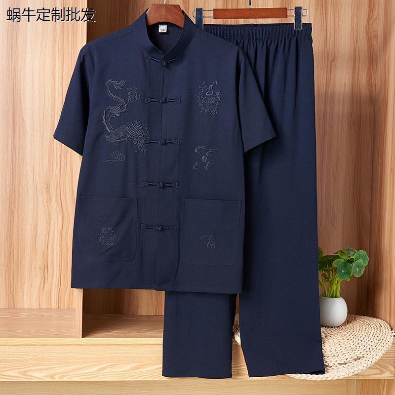 夏季中老年棉麻短袖爸爸装唐装男半袖套装男口袋汉服爷爷居士服
