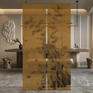卷帘隔断帘挂帘水墨窗帘纱帘透光 半透水墨竹双面透景屏风纱中式
