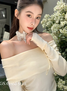 部分现货-浪漫钩花蝴蝶一字肩针织小衫(配可拆卸飘带)D1058