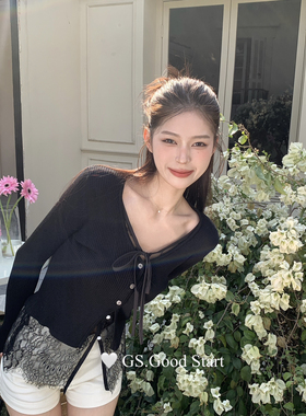 部分现货-度超高春季法式浪漫蕾丝拼接假两件针织小衫D1037