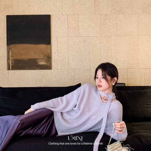 U+MINI-氛围混纺玫瑰花V领针织毛衣(配飘带)(含10羊毛)YS1-D2103