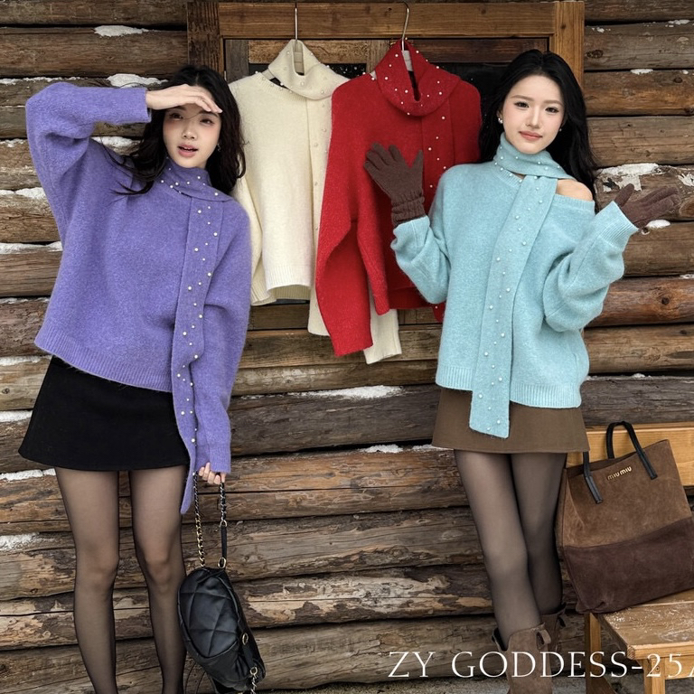 ZY GODDESS-毛亲肤毛衣(配珍珠点缀围巾)(含6羊毛)(18兔毛)C986