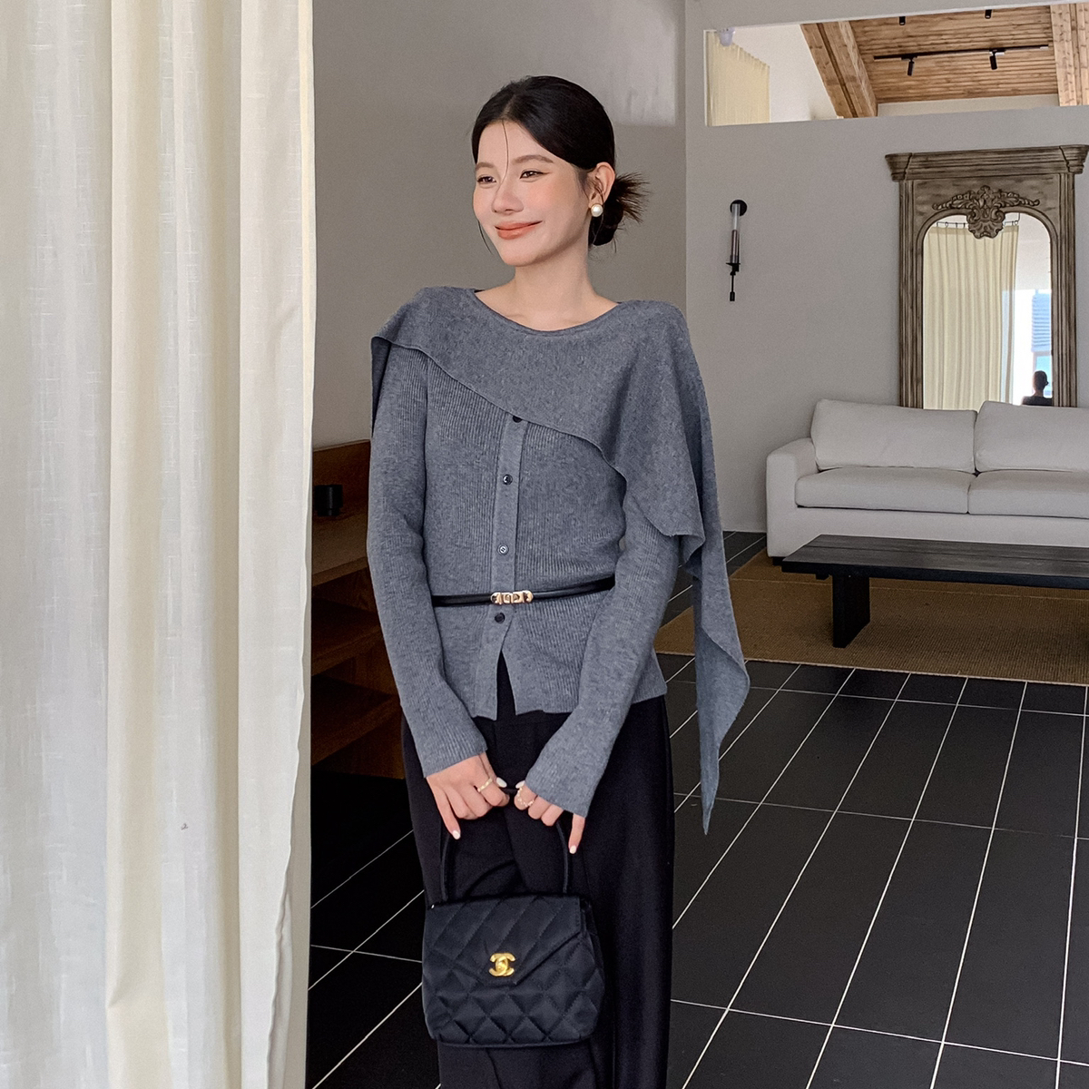 U+MINI-式复古不规则设计收腰显瘦针织衫(配腰带)(含6羊毛)F9115