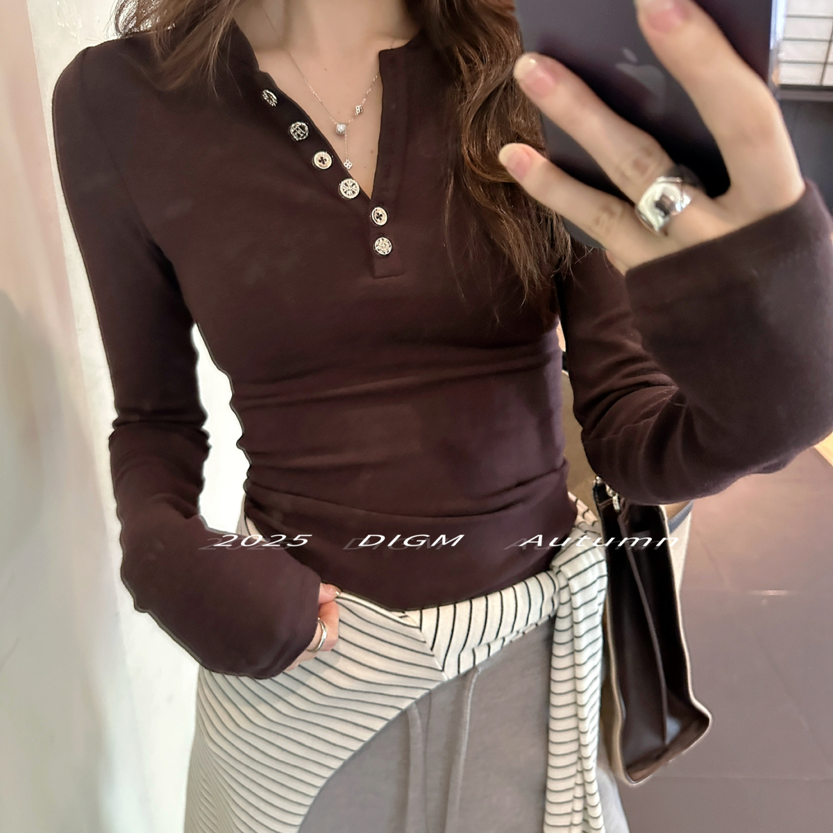 DIGM-上新极简高级感纯色磨毛半开领修身显瘦打底衫针织衫A65256