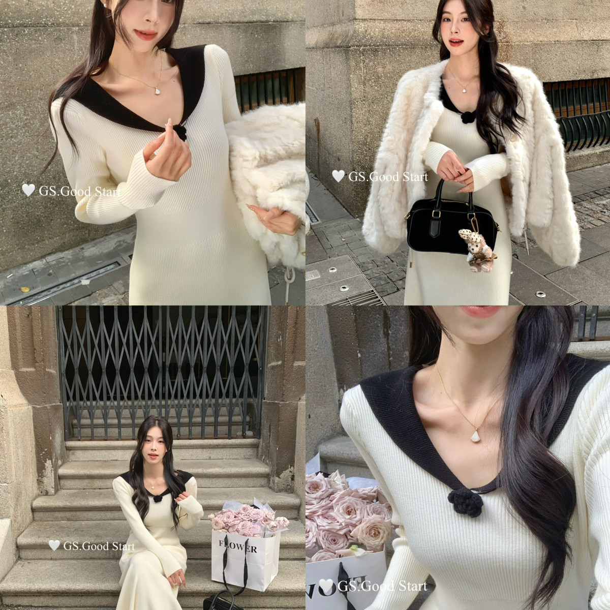GS.GOOD START-法式温柔气质v领针织显瘦连衣裙(配花朵可拆)7553