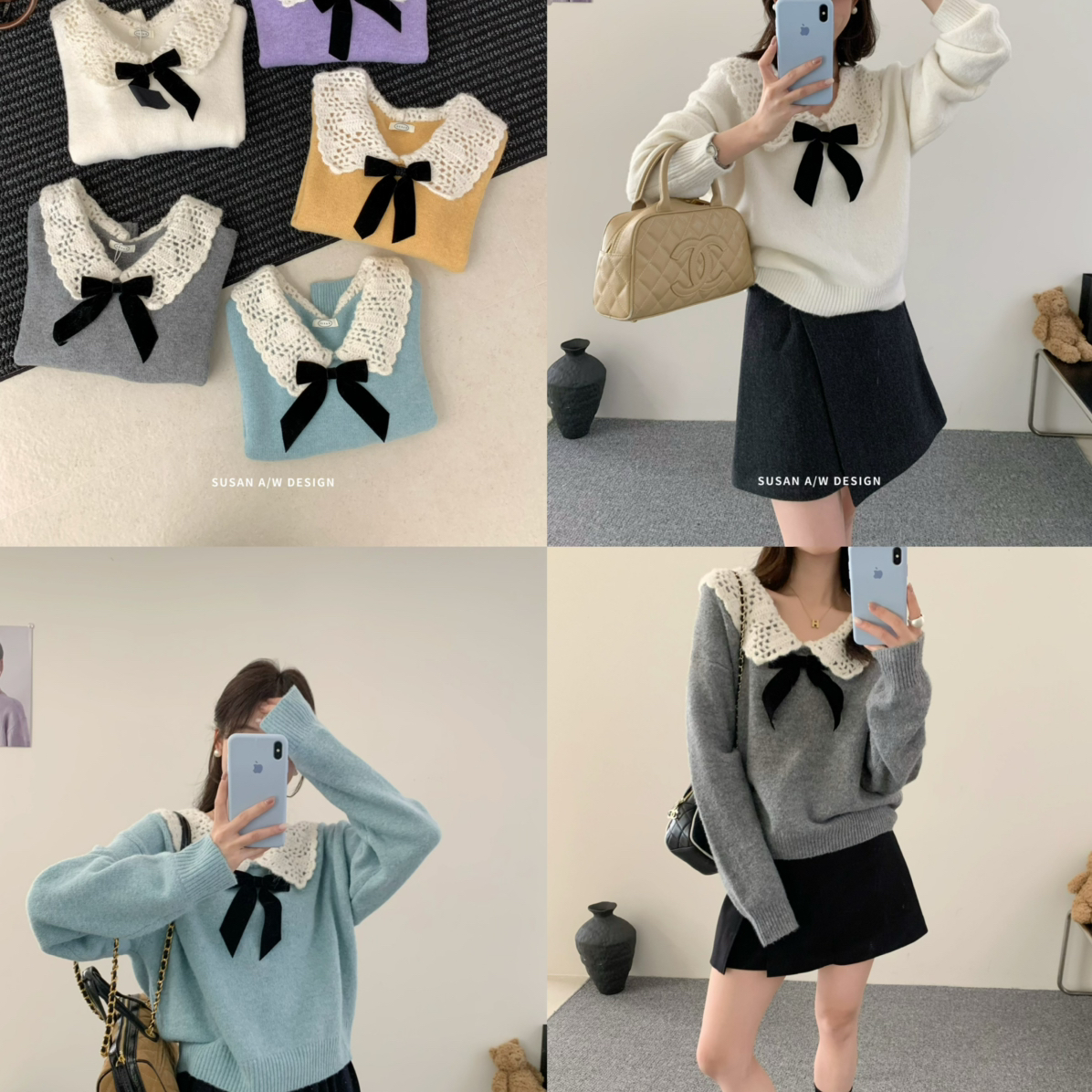 SUSAN法式甜美蝴蝶结减龄保暖娃娃领保暖毛衣（含6羊毛）8081毛衣