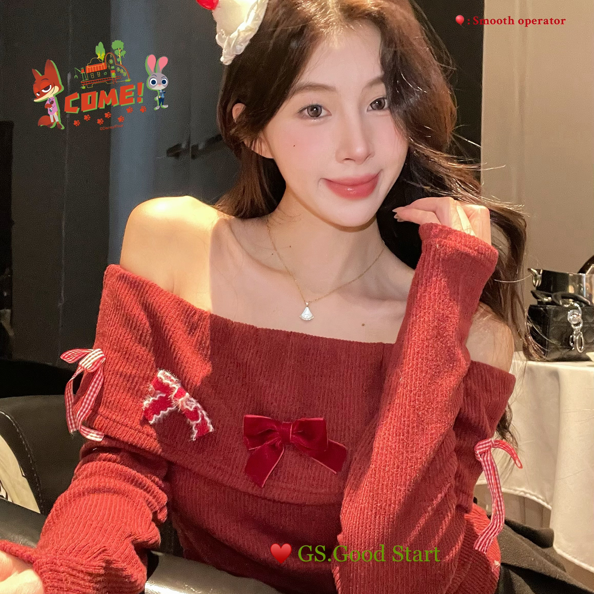 GS.GOOD START-·包出片的～秋冬甜美别致蝴蝶结一字肩针织衫G688
