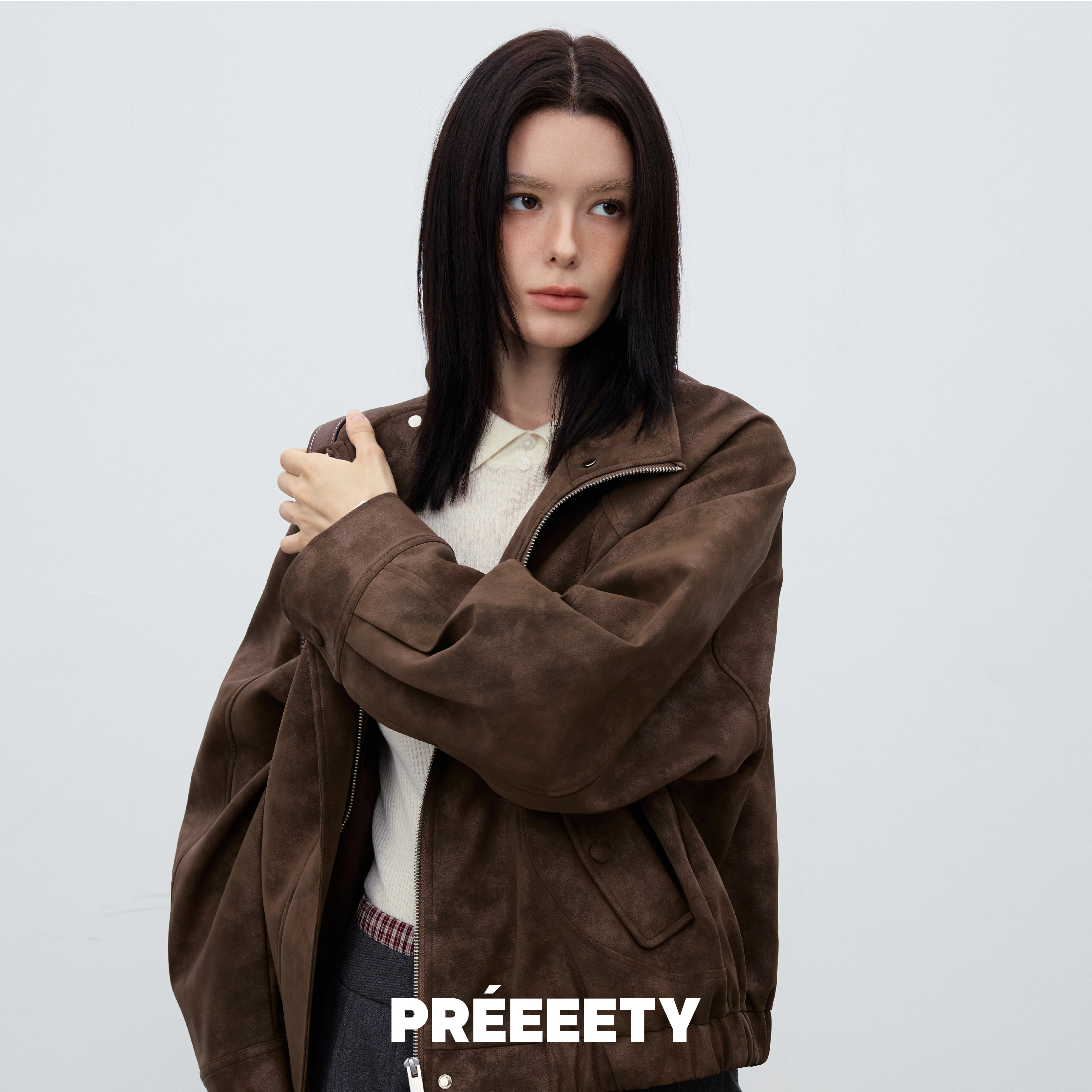 PREEEETY2025AU秋季新款 美拉德麂皮绒外套女机车宽松复古夹克
