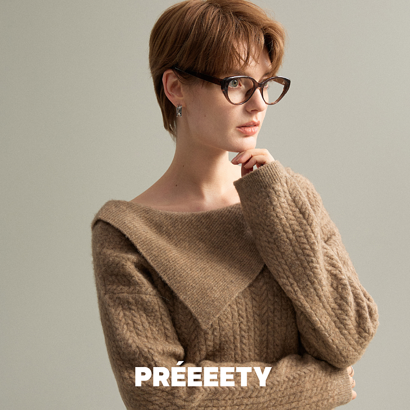 PREEEETY2025新款绵羊毛混纺毛衣女圆领绞花毛衣宽松显瘦百搭开肩
