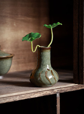 优选中式陶瓷花瓶花器桌面小摆件展示架茶桌复古插花水培植物铜钱