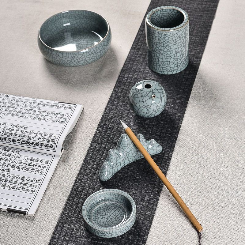 优选多功能陶瓷复古笔洗笔筒砚台水盂墨碟盘汝窑文房四宝书法用品