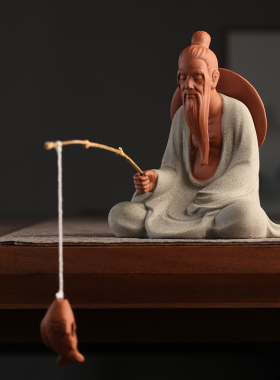 优选中式创意人物姜太公钓鱼陶瓷摆件客厅鱼缸水族布景假山造景装