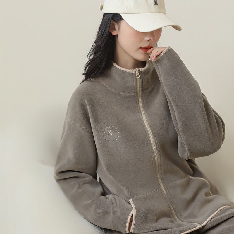 德绒拉链睡衣大码女冬季套装双插口袋撞色时尚保暖宽松舒适家居服