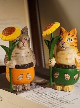 优选举向日葵猫咪手工木雕小摆件实木雕刻可爱卡通电视柜桌面摆放