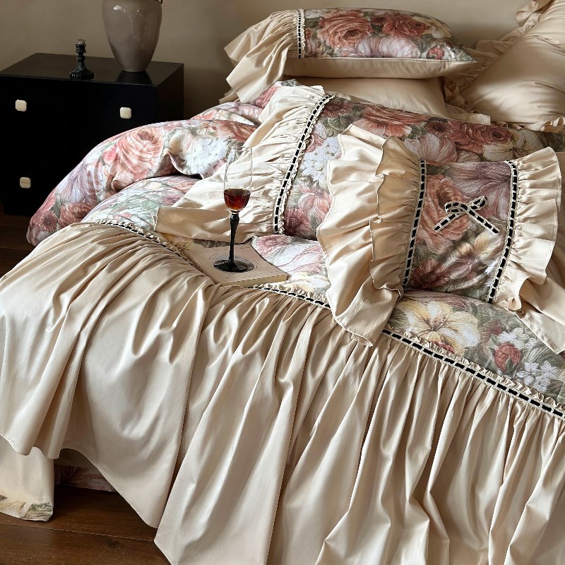 法式复古100S长绒棉床单四件套浪漫玫瑰印花全棉花边被套高端床品